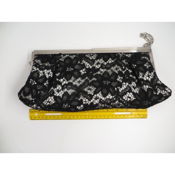 White House Black Market Clutch Womens Black Lace Evening Bag Silver Chain Purse - Picture 3 of 6